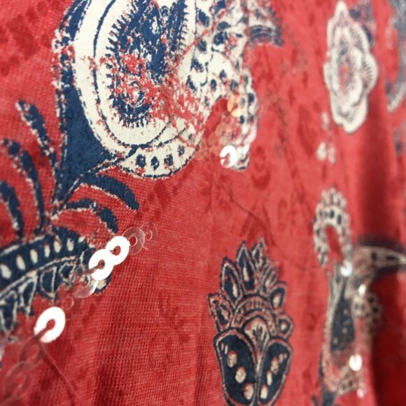 Style Co Top 0X Short Sleeve Knit V Neck Floral Bandana Print Red Paisley Blue - Picture 7 of 13